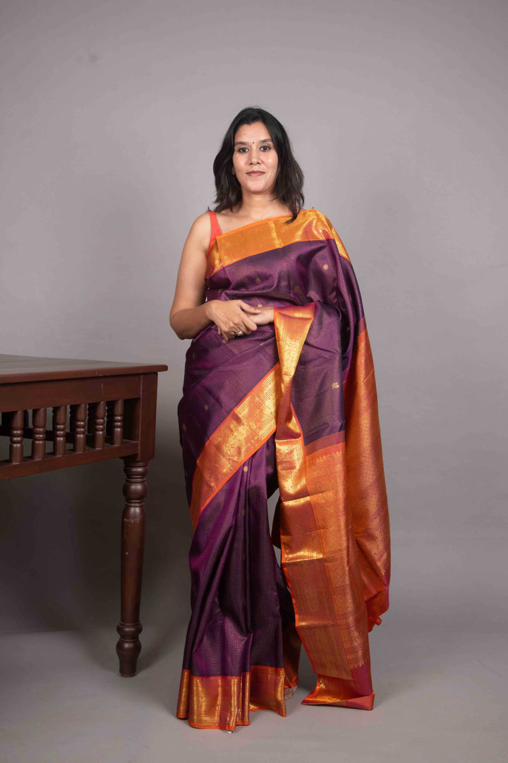 Purple and Dual tone rust zari checked kanjivaram silk saree