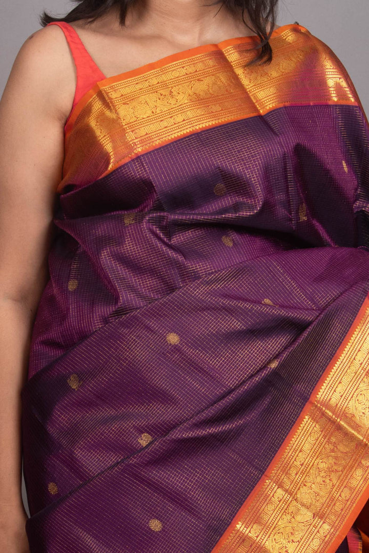 Purple and Dual tone rust zari checked kanjivaram silk saree
