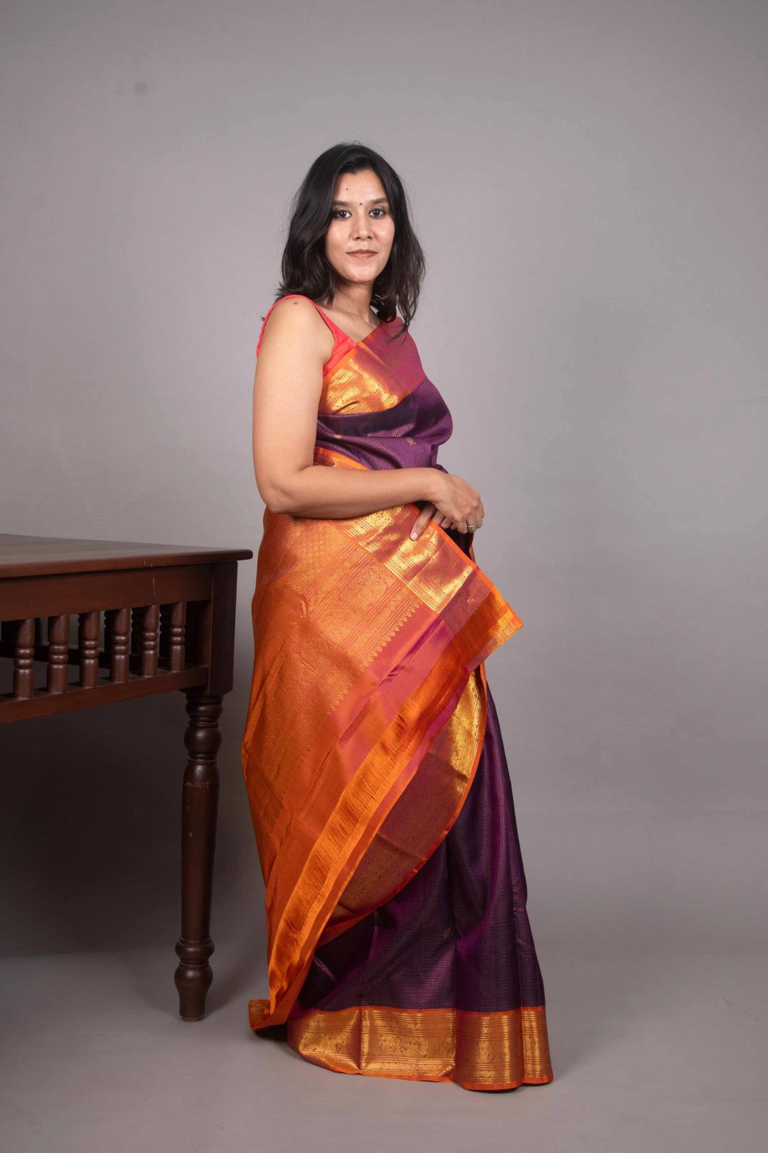 Purple and Dual tone rust zari checked kanjivaram silk saree
