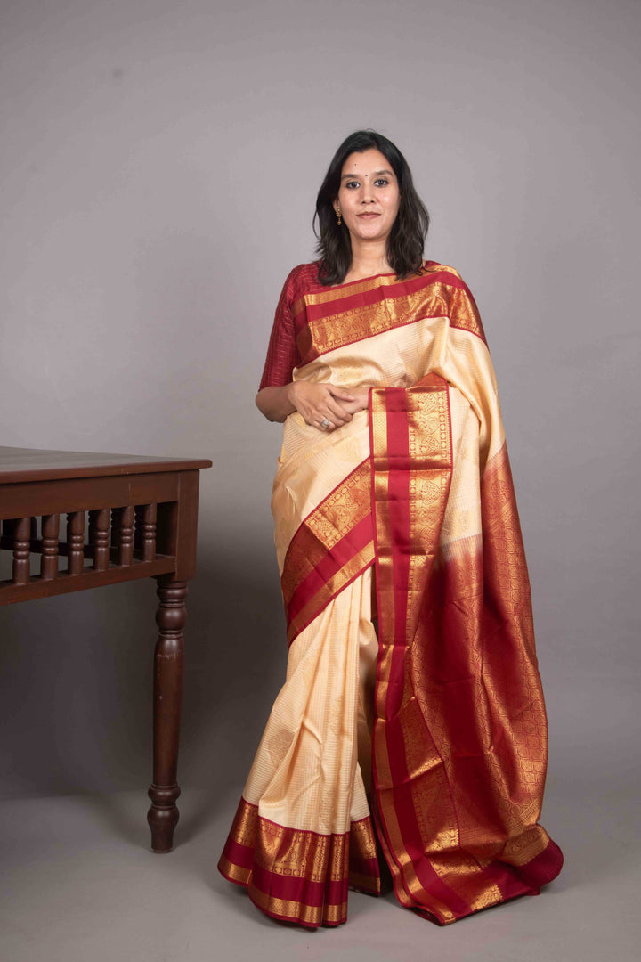 Breezy Beige and Garnet Red kanchi silk saree