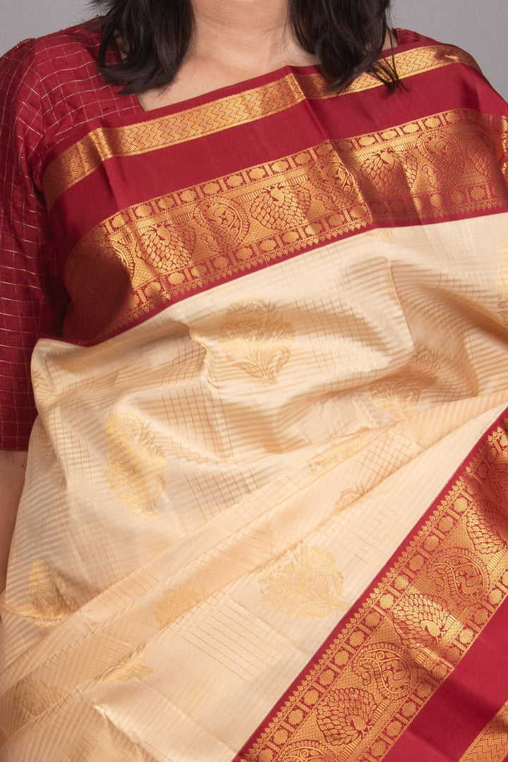 Breezy Beige and Garnet Red kanchi silk saree