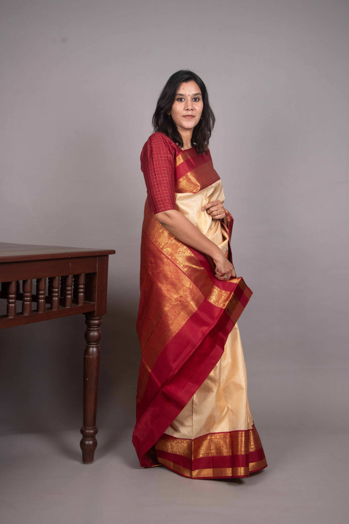 Breezy Beige and Garnet Red kanchi silk saree