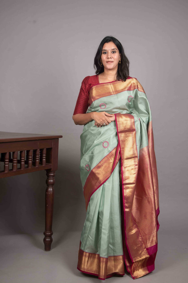 Jade green and Magenta Needle Embroidery Fusion kanjivaram silk saree