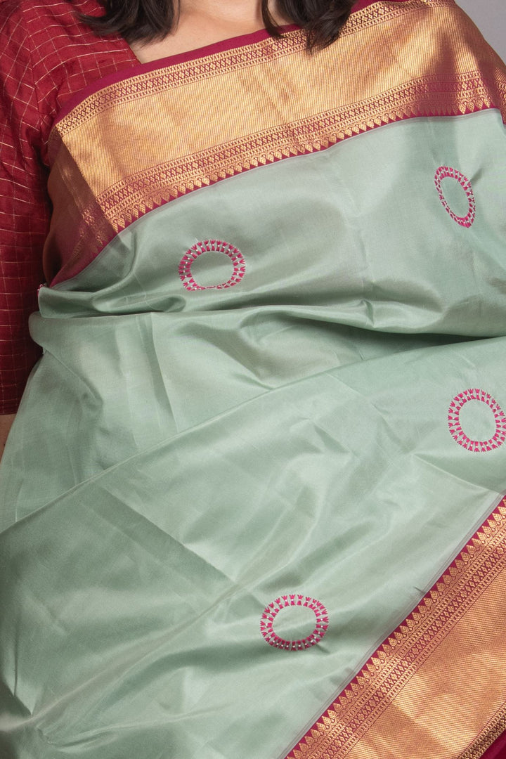 Jade green and Magenta Needle Embroidery Fusion kanjivaram silk saree