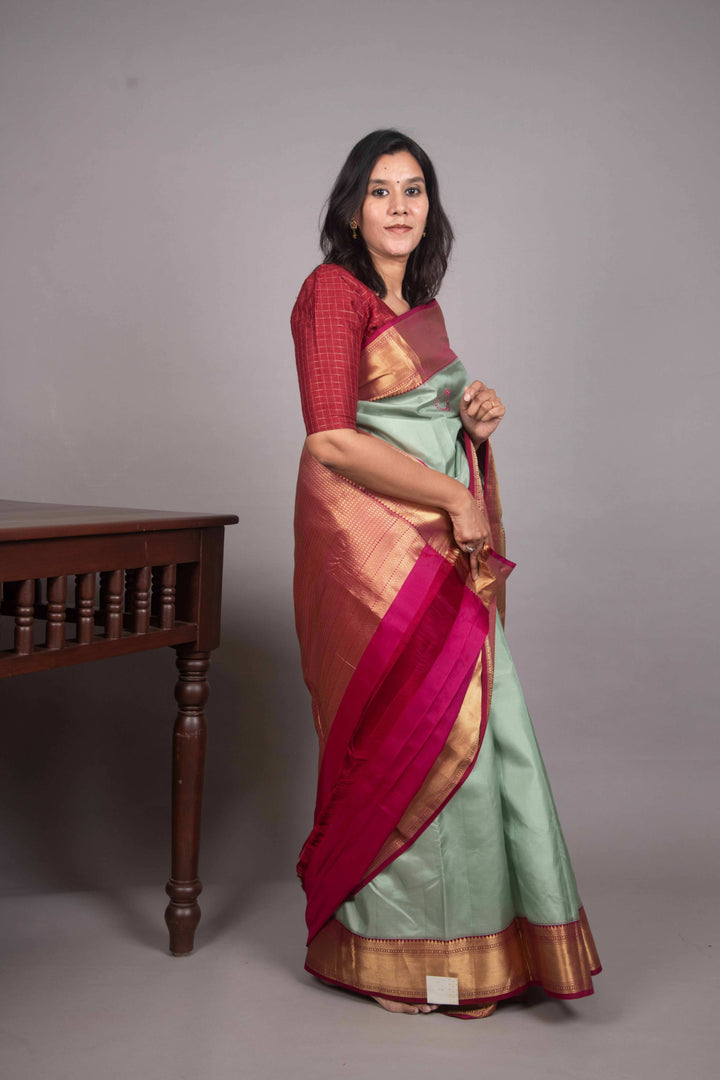 Jade green and Magenta Needle Embroidery Fusion kanjivaram silk saree