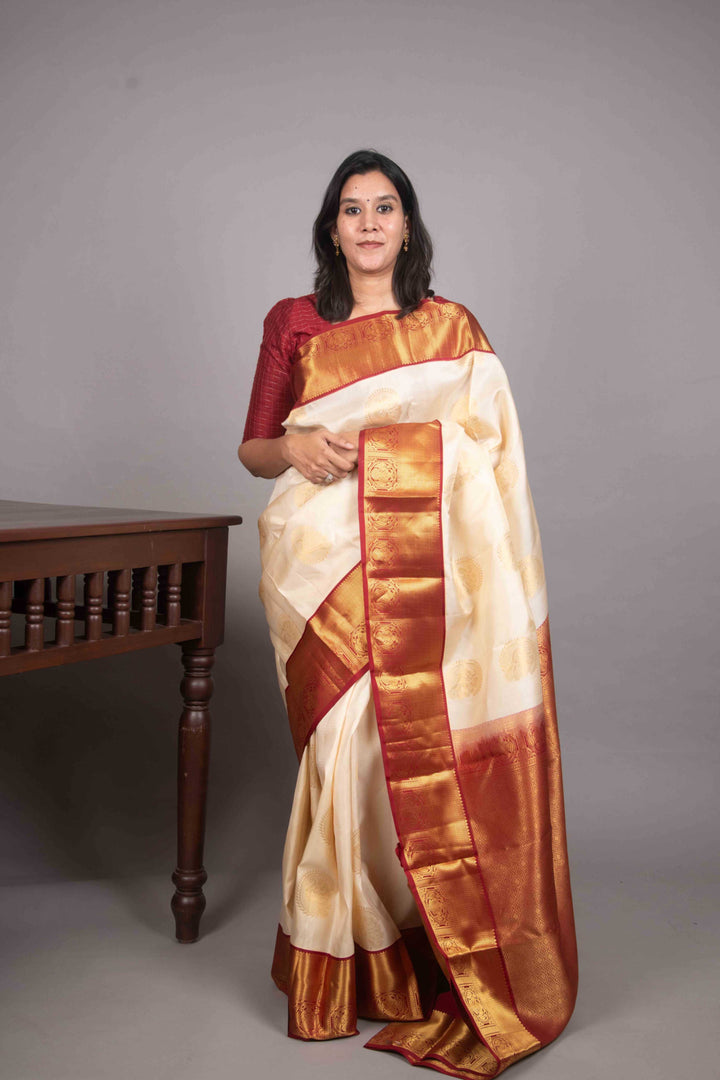 Ivory and Jam Red korvai silk saree