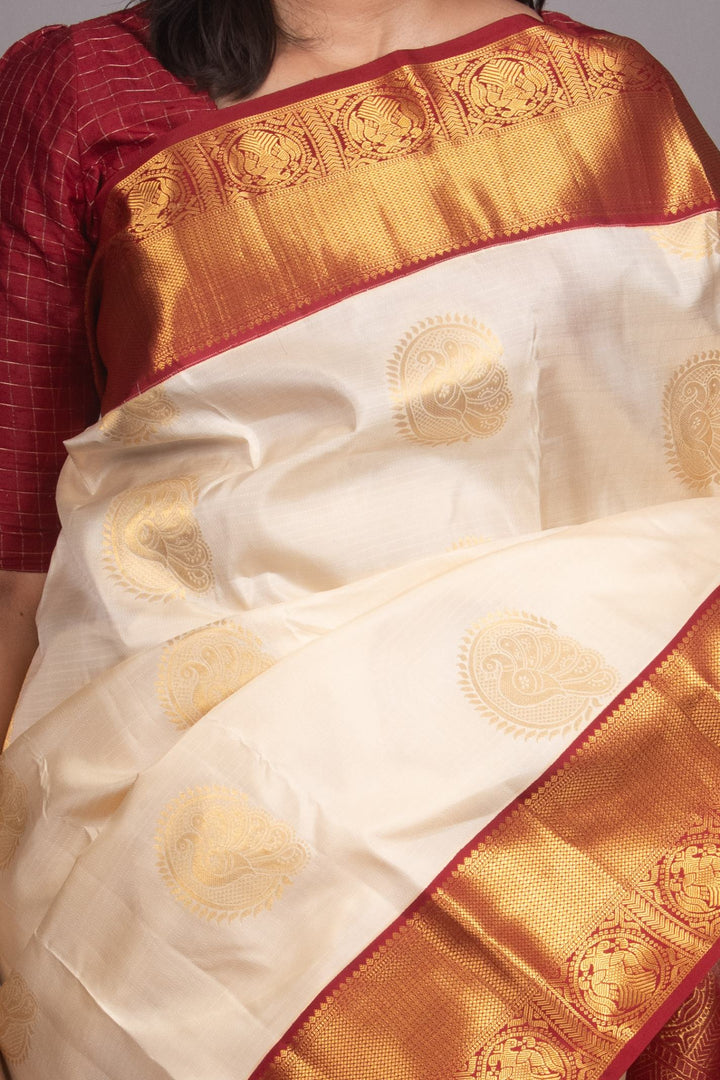 Ivory and Jam Red korvai silk saree