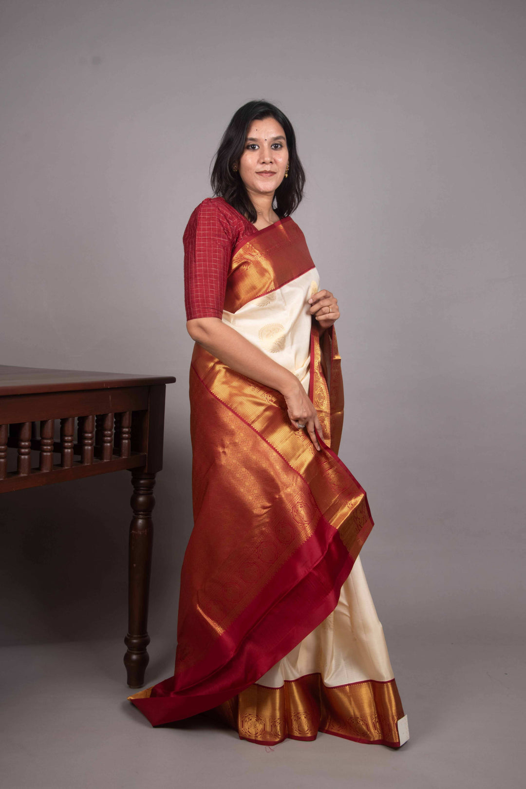Ivory and Jam Red korvai silk saree