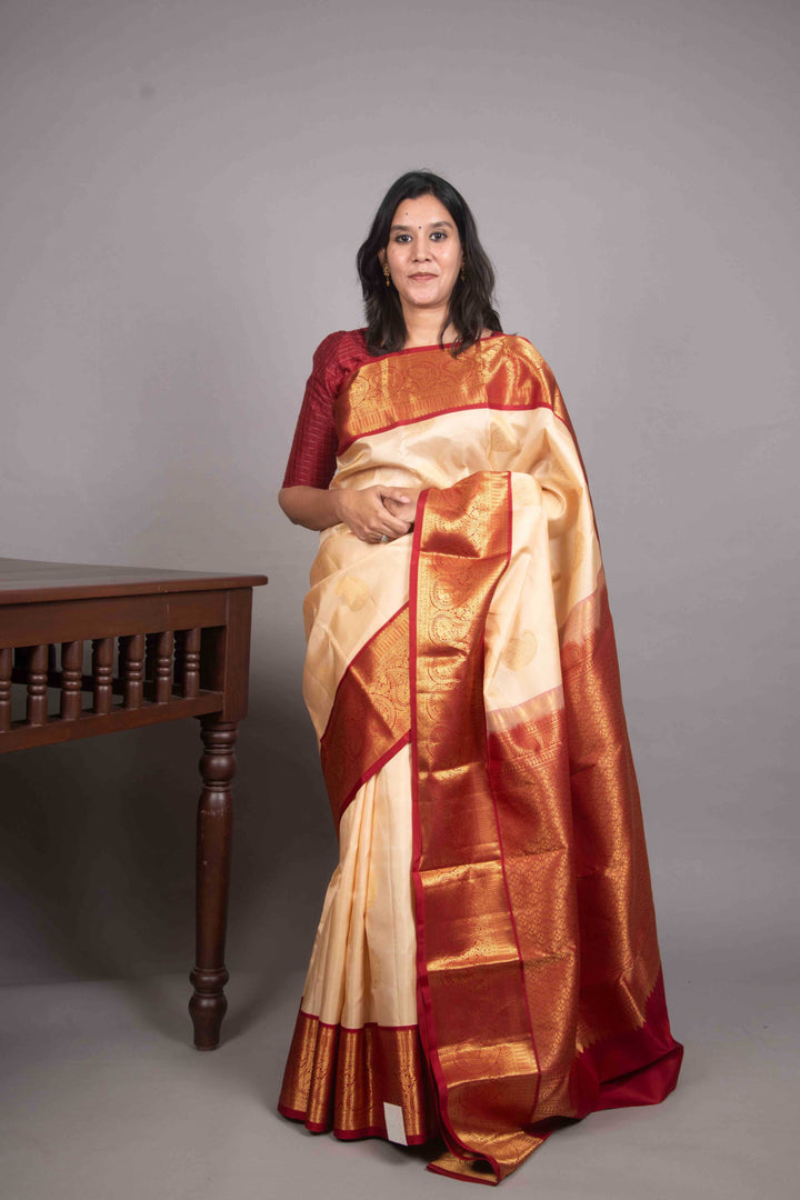 Beige and Apple Red korvai kanchipuram silk saree