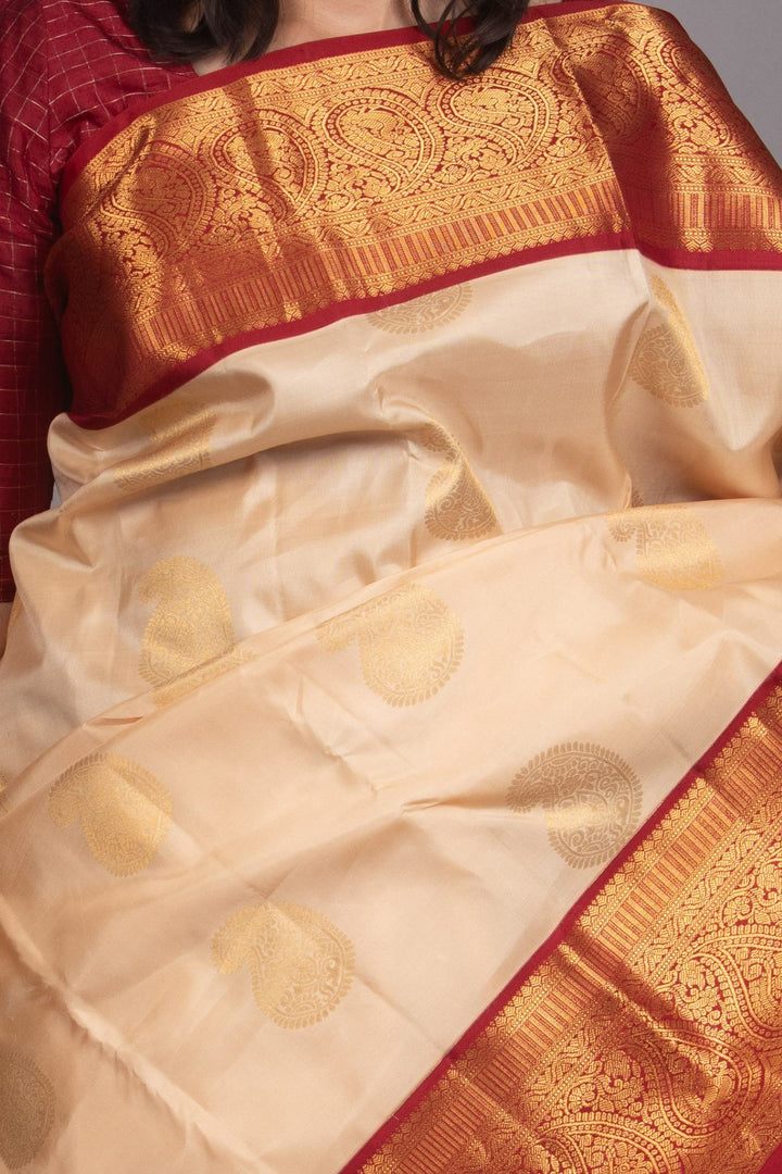 Beige and Apple Red korvai kanchipuram silk saree