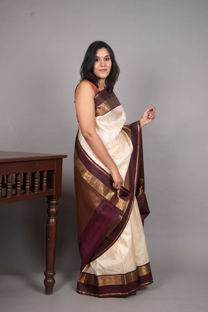 Offwhite and Bean brown korvai silk saree