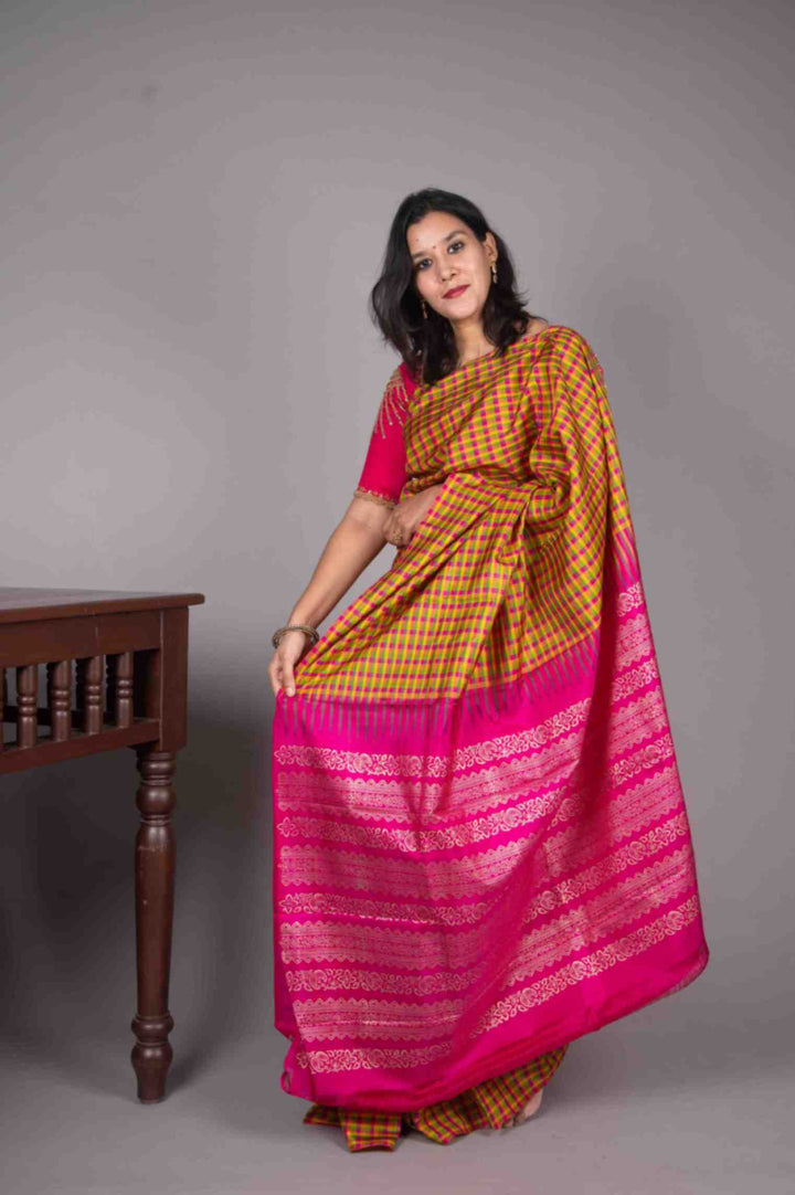 Palum Pazhamum Blockprinted Fusion silk saree