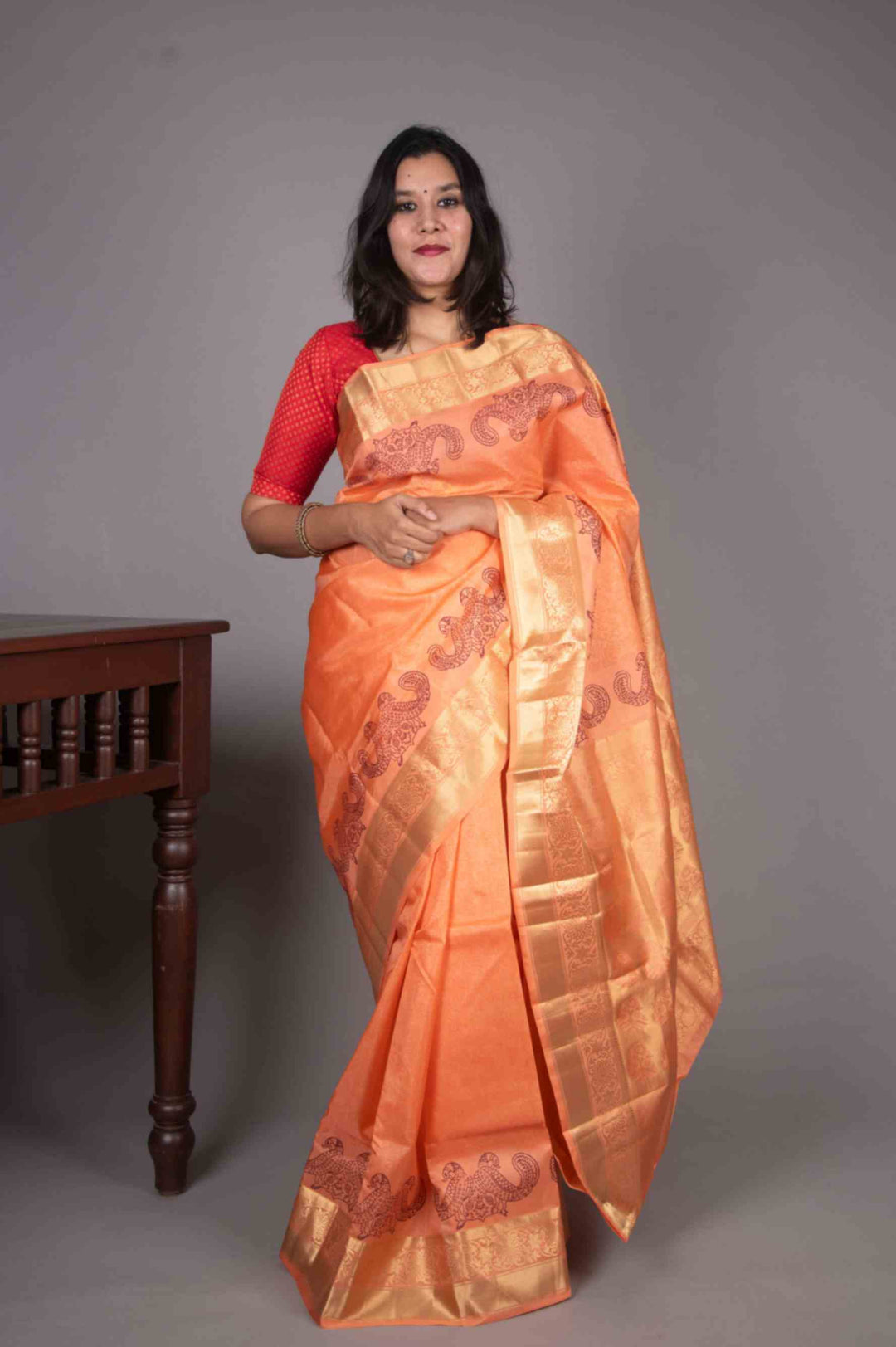 Peach Blockprinted Fusion Silk Saree