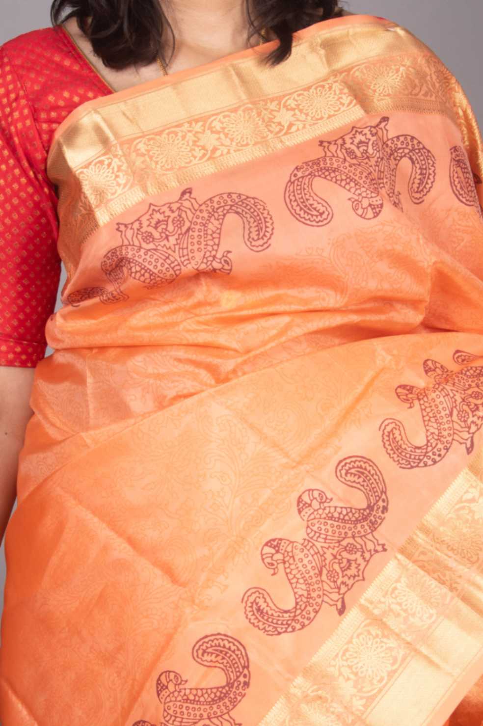 Peach Blockprinted Fusion Silk Saree