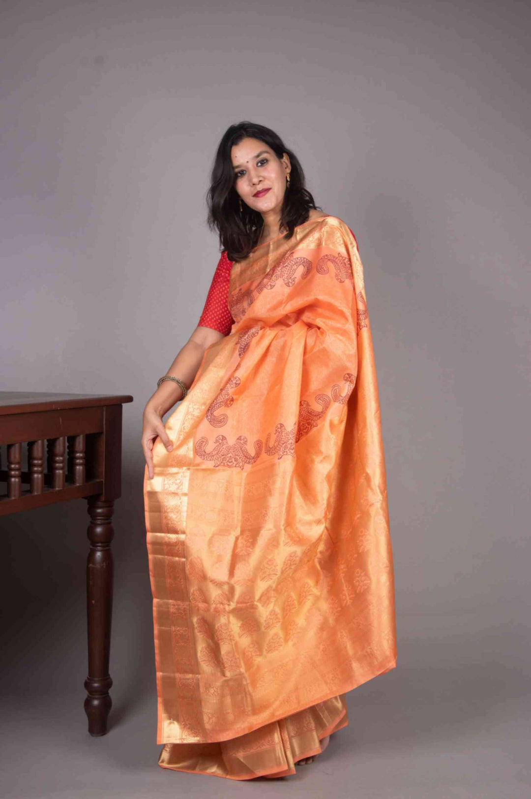 Peach Blockprinted Fusion Silk Saree