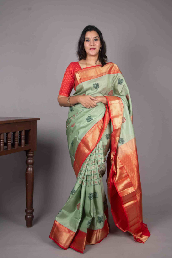 Jade green and Red Blockprinted Fusion Silk Saree