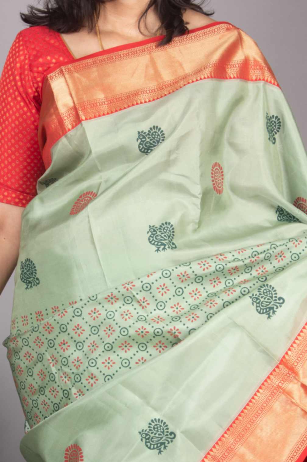 Jade green and Red Blockprinted Fusion Silk Saree