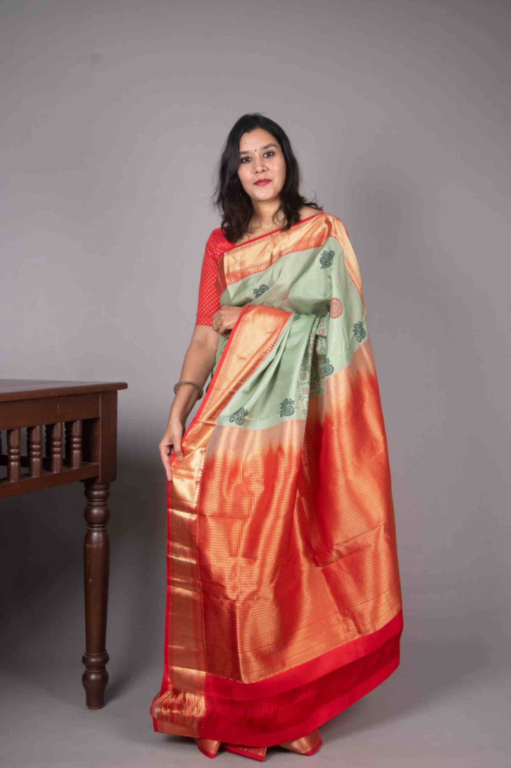 Jade green and Red Blockprinted Fusion Silk Saree