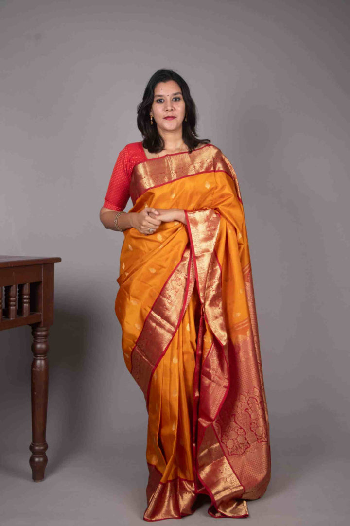 Golden Yellow and Red korvai silk saree