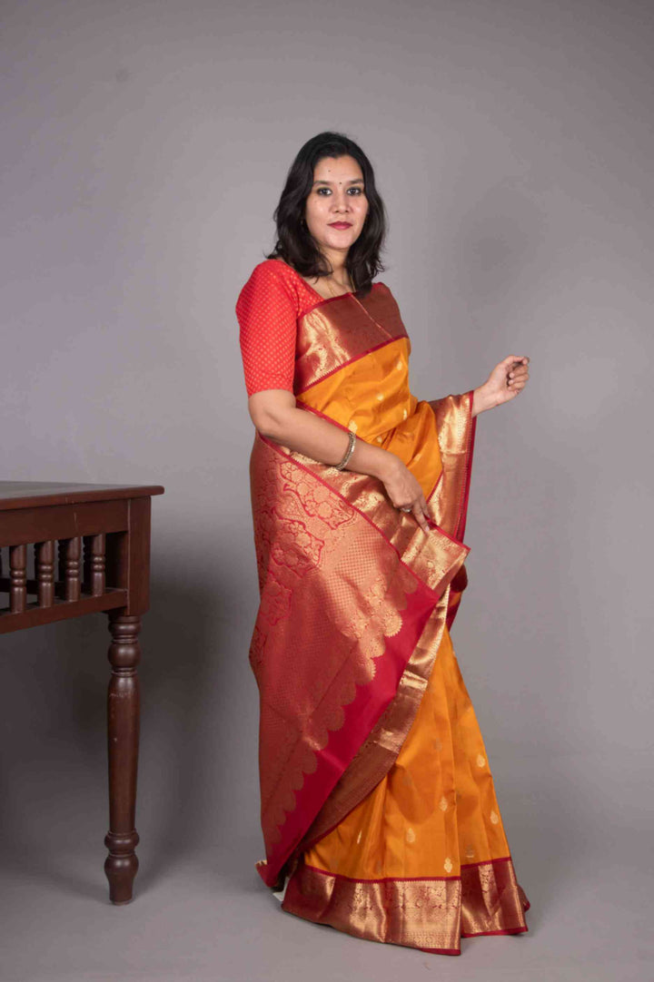 Golden Yellow and Red korvai silk saree