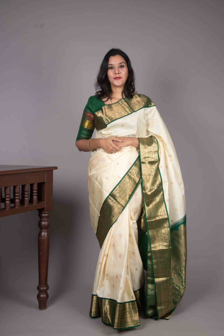 Offwhite and Green Korvai silk saree