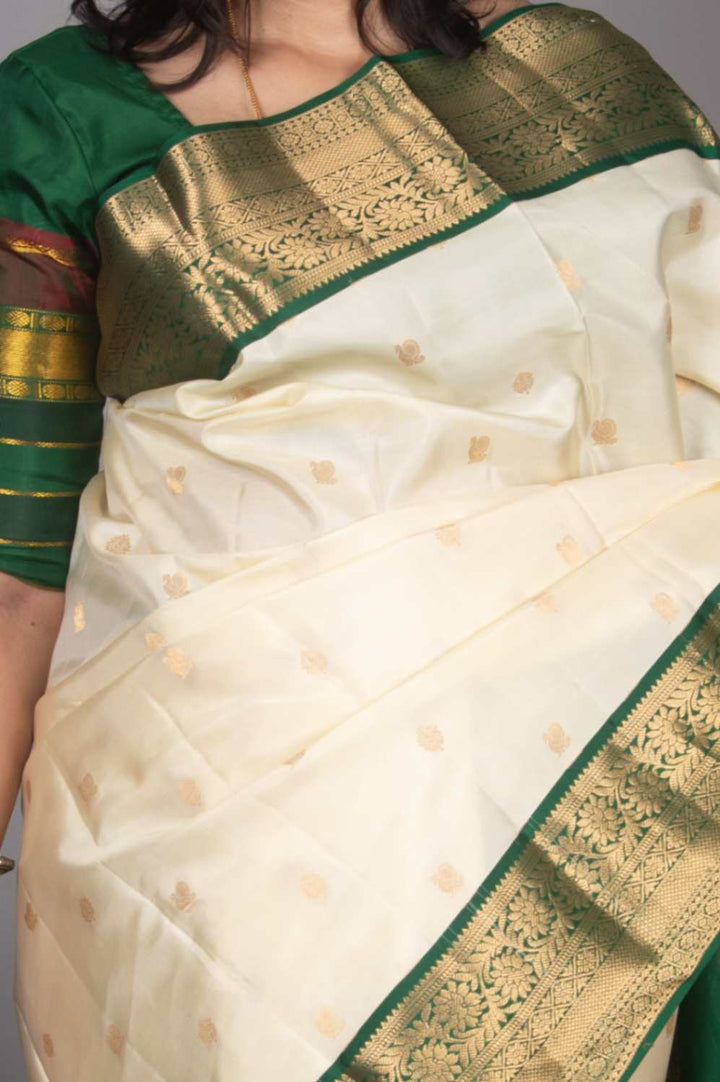 Offwhite and Green Korvai silk saree