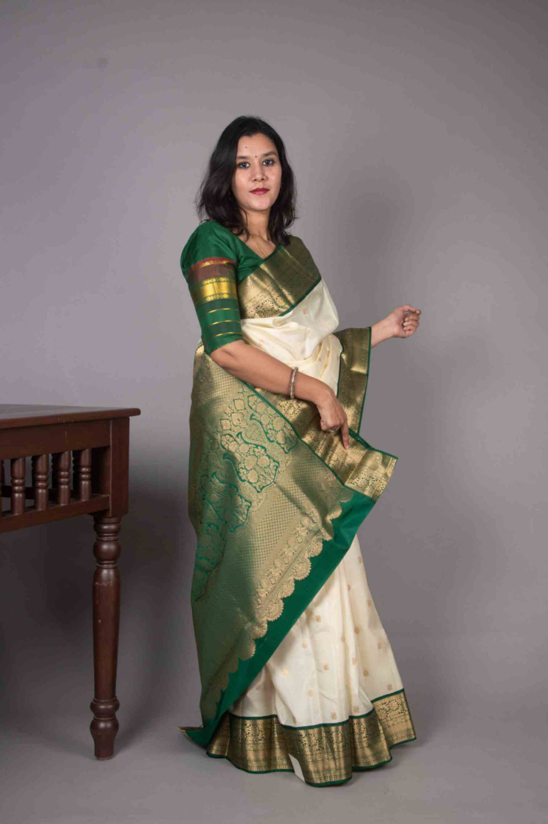 Offwhite and Green Korvai silk saree