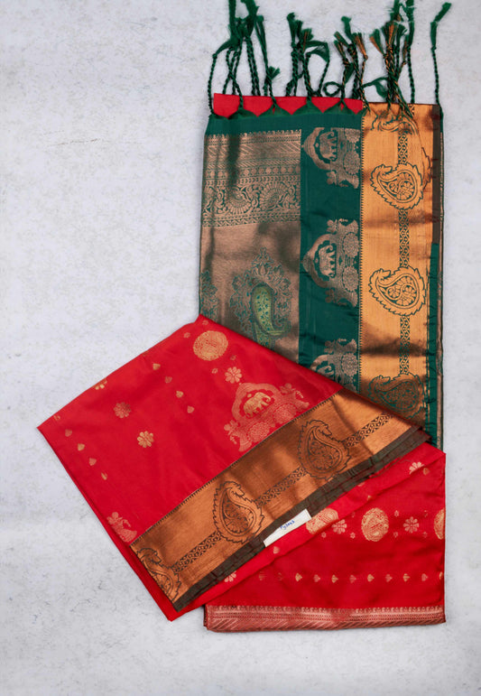 Red and green semi silk saree