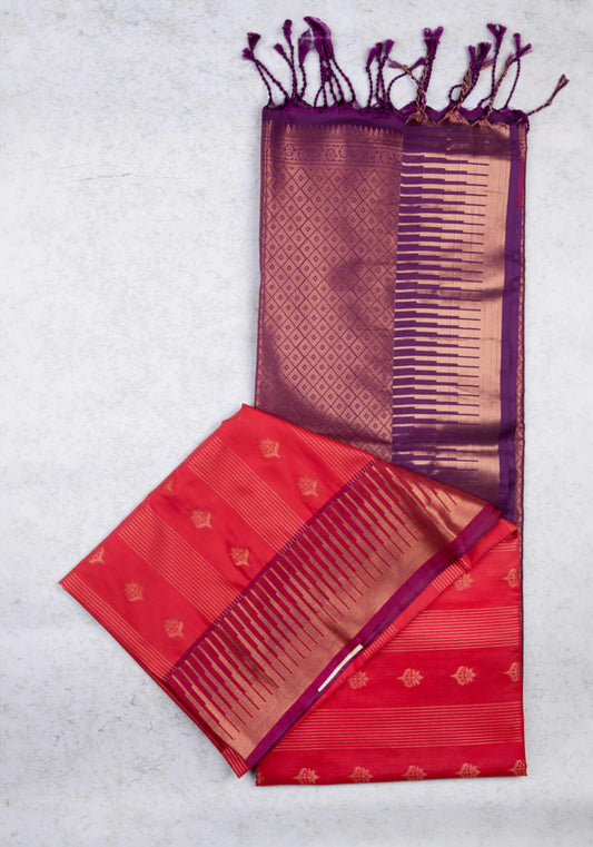 Red temple border semi silk saree