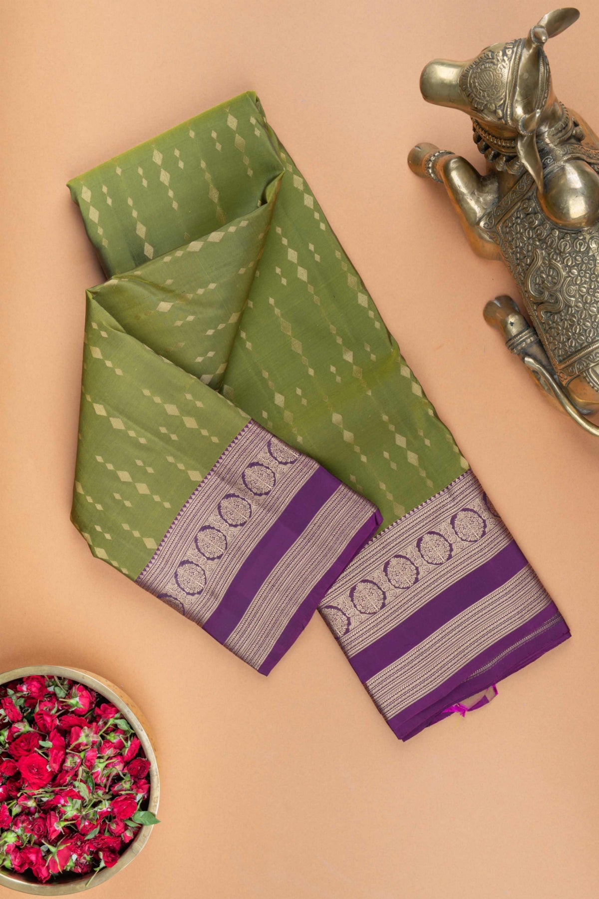 Mehendi green and purple pure touch silk saree