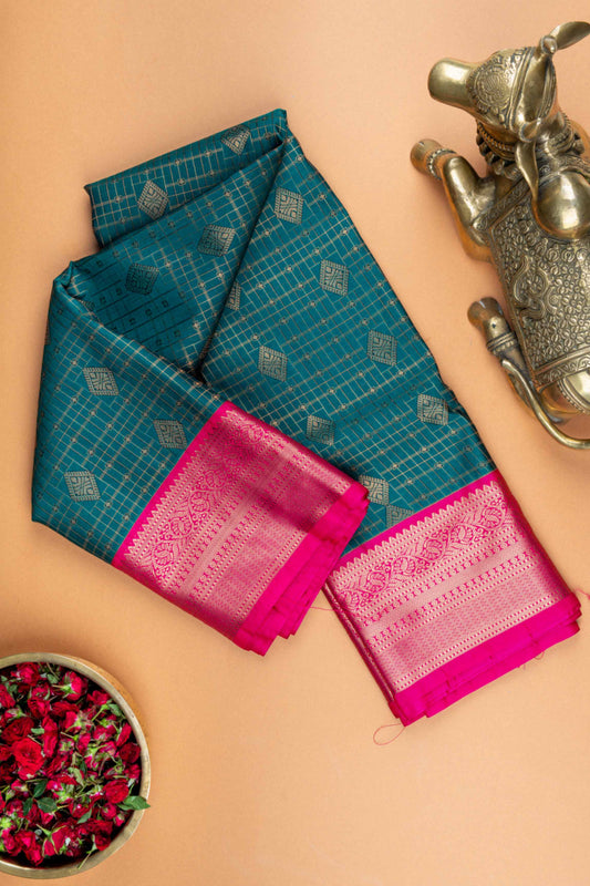 Peacock green and pink checks semi silk saree