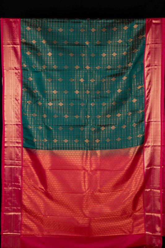 Peacock green and pink checks semi silk saree