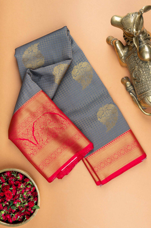 Grey and red semi silk saree