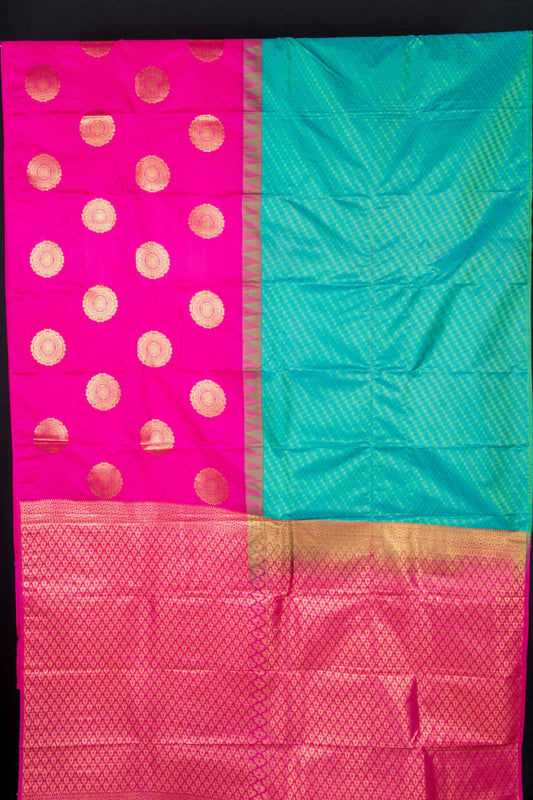 Dual tone green and pink half and half semi silk saree