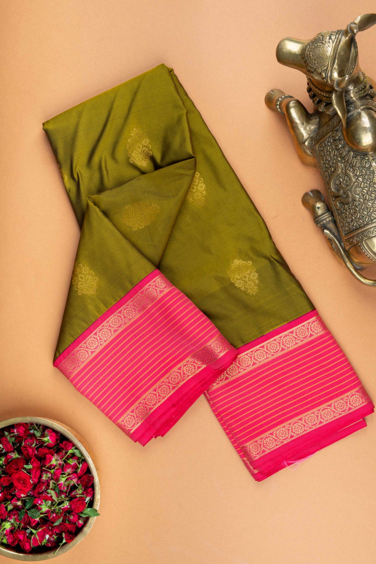 Military green and pink semi silk saree