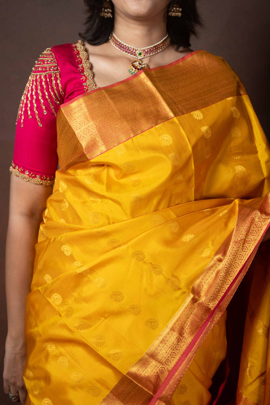 Yellow and Pink Pure Silk Saree