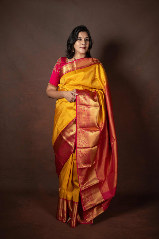 Yellow and Pink Pattu Saree