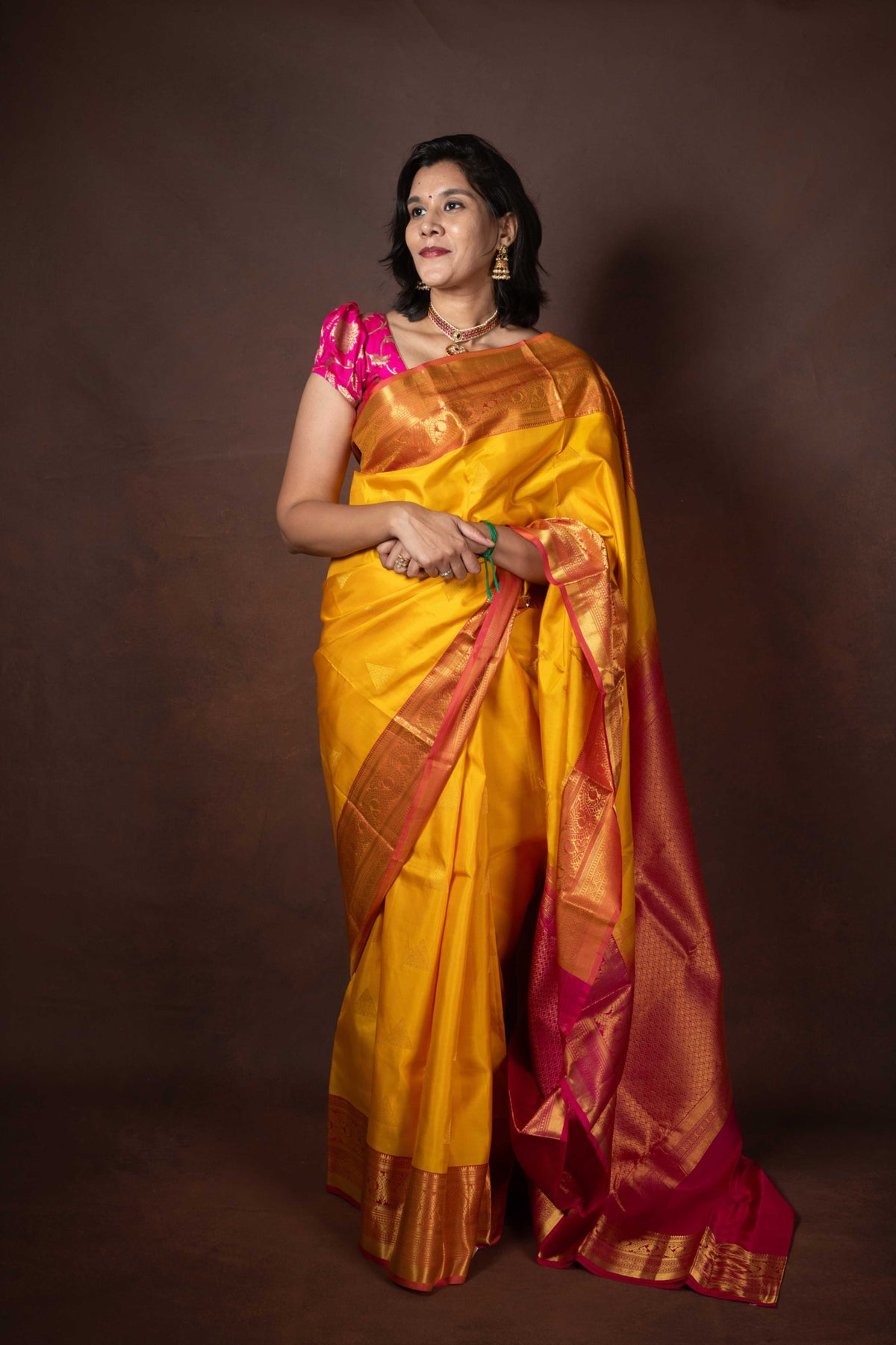 Yellow and Pink Kanchipuram Silk Saree