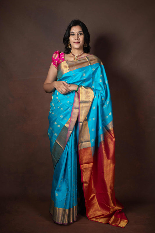 Sky Blue and Pink Kanjivaram Saree