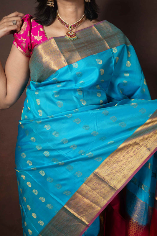 Sky Blue and Pink Kanjivaram Saree