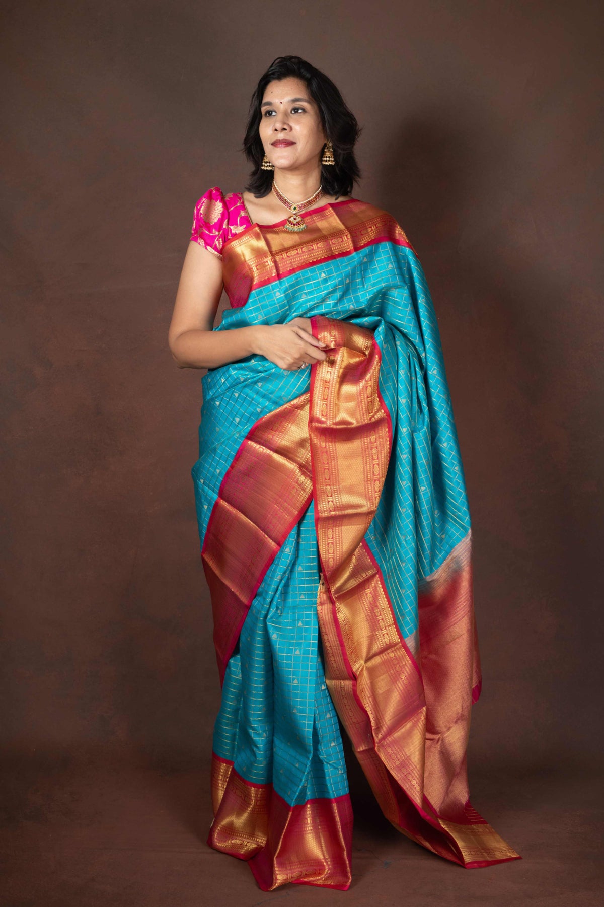 Blue checks silk saree