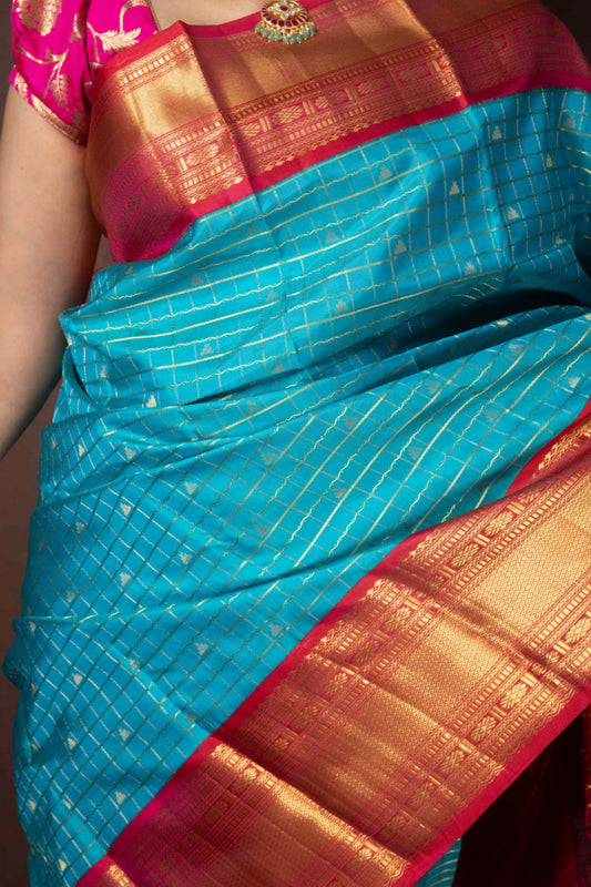 Blue checks silk saree