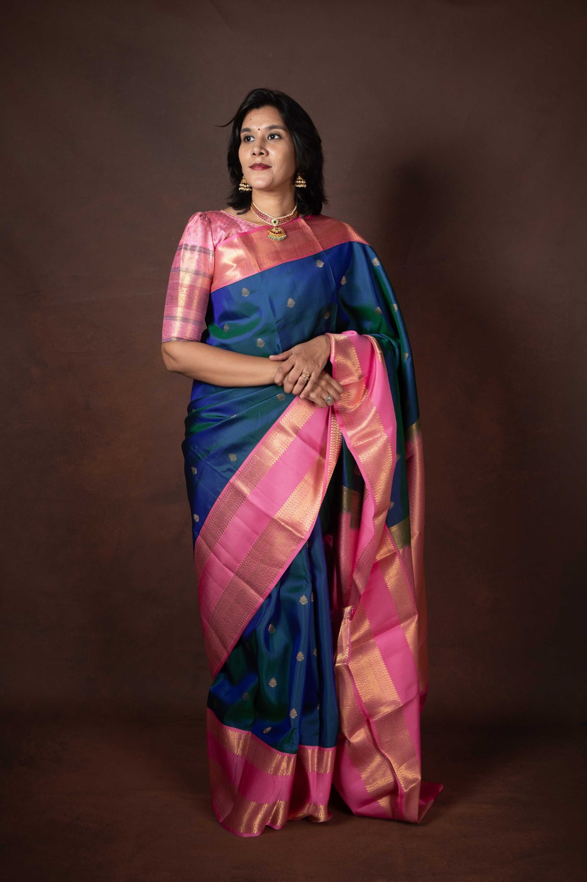 Blue and pink korvai pure silk saree