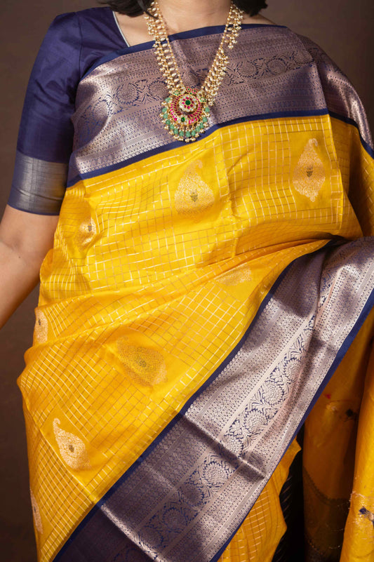 Yellow and Blue Kanchipuram Silk Saree