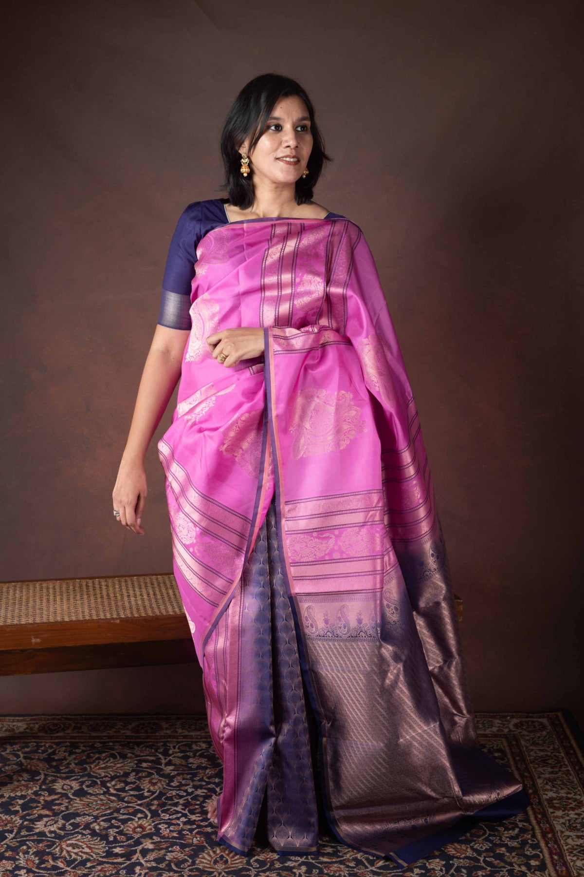 Pink and Navy Blue Borderless Pure Silk Saree