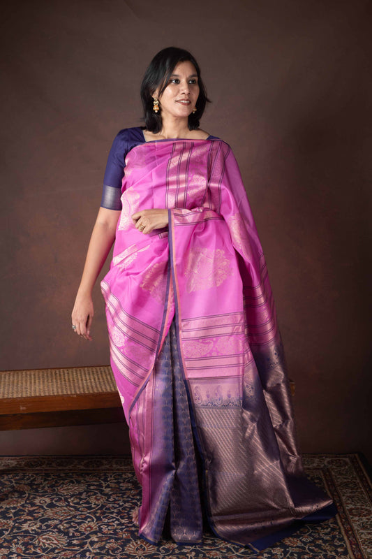 Pink and Navy Blue Borderless Pure Silk Saree