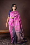 Pink and Navy Blue Borderless Pure Silk Saree