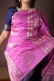 Pink and Navy Blue Borderless Pure Silk Saree