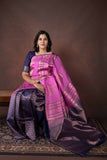 Pink and Navy Blue Borderless Pure Silk Saree