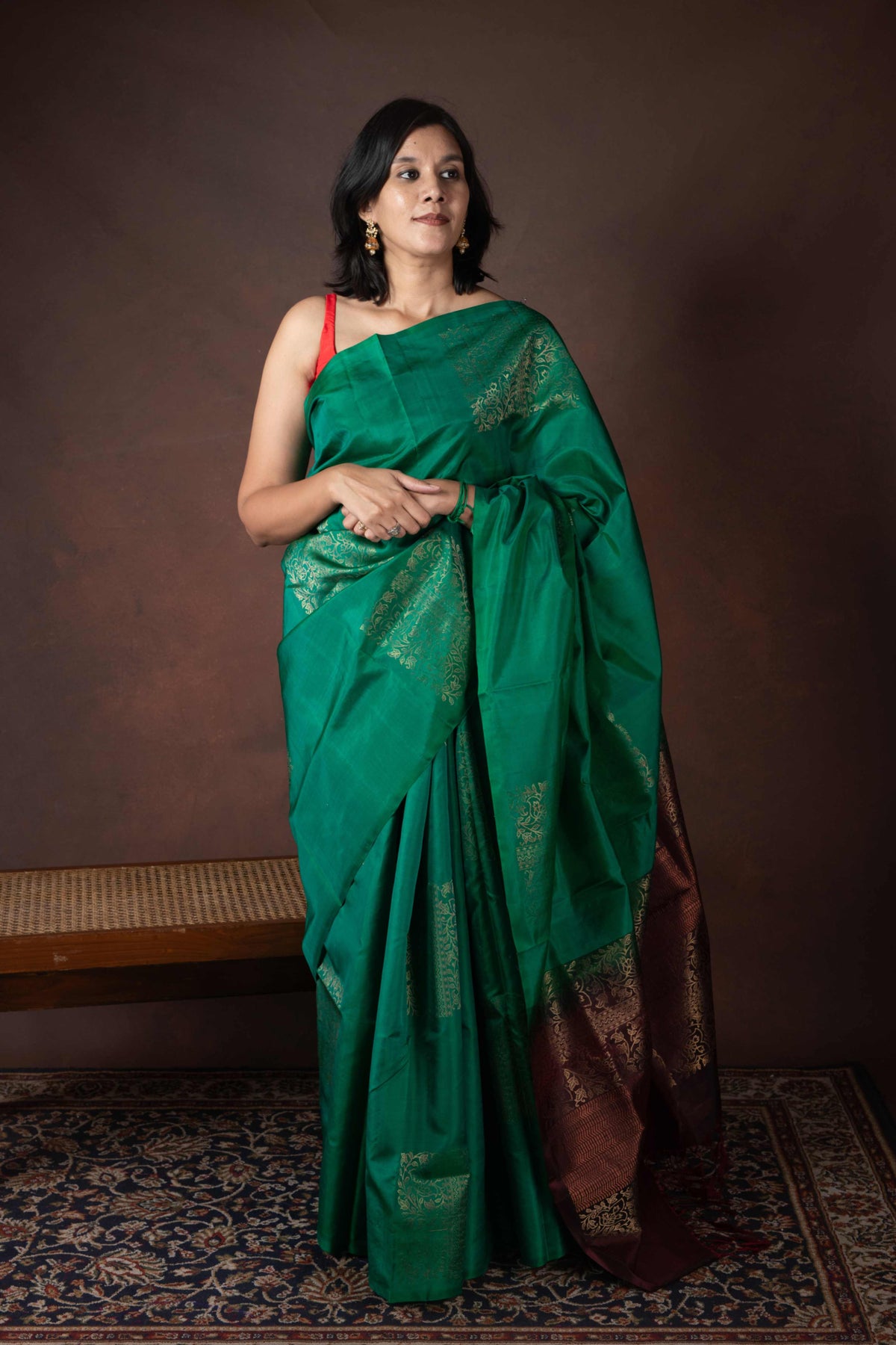 Green and Maroon Kanjivaram Borderless Silk Saree